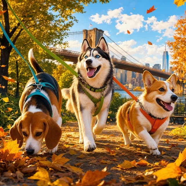 Dogs on invigorating outdoor walks during Brooklyn dog camp
